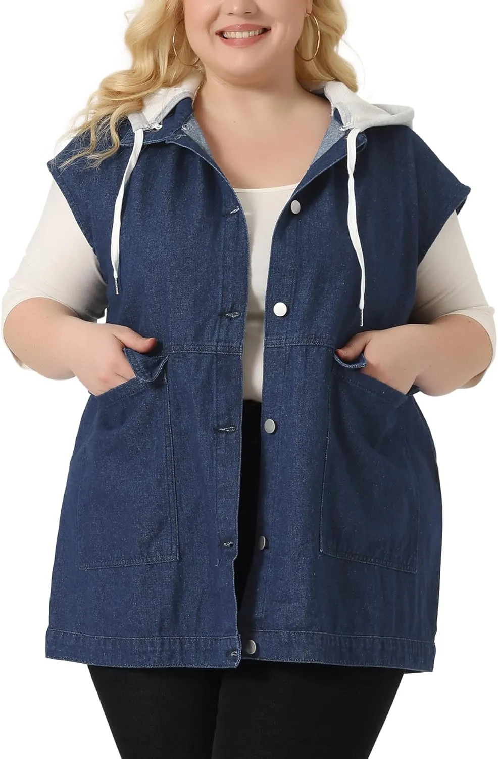 Agnes Orinda Plus Size Denim Jackets for Women Drawstring Hood Utility Long Jean Jacket Vests