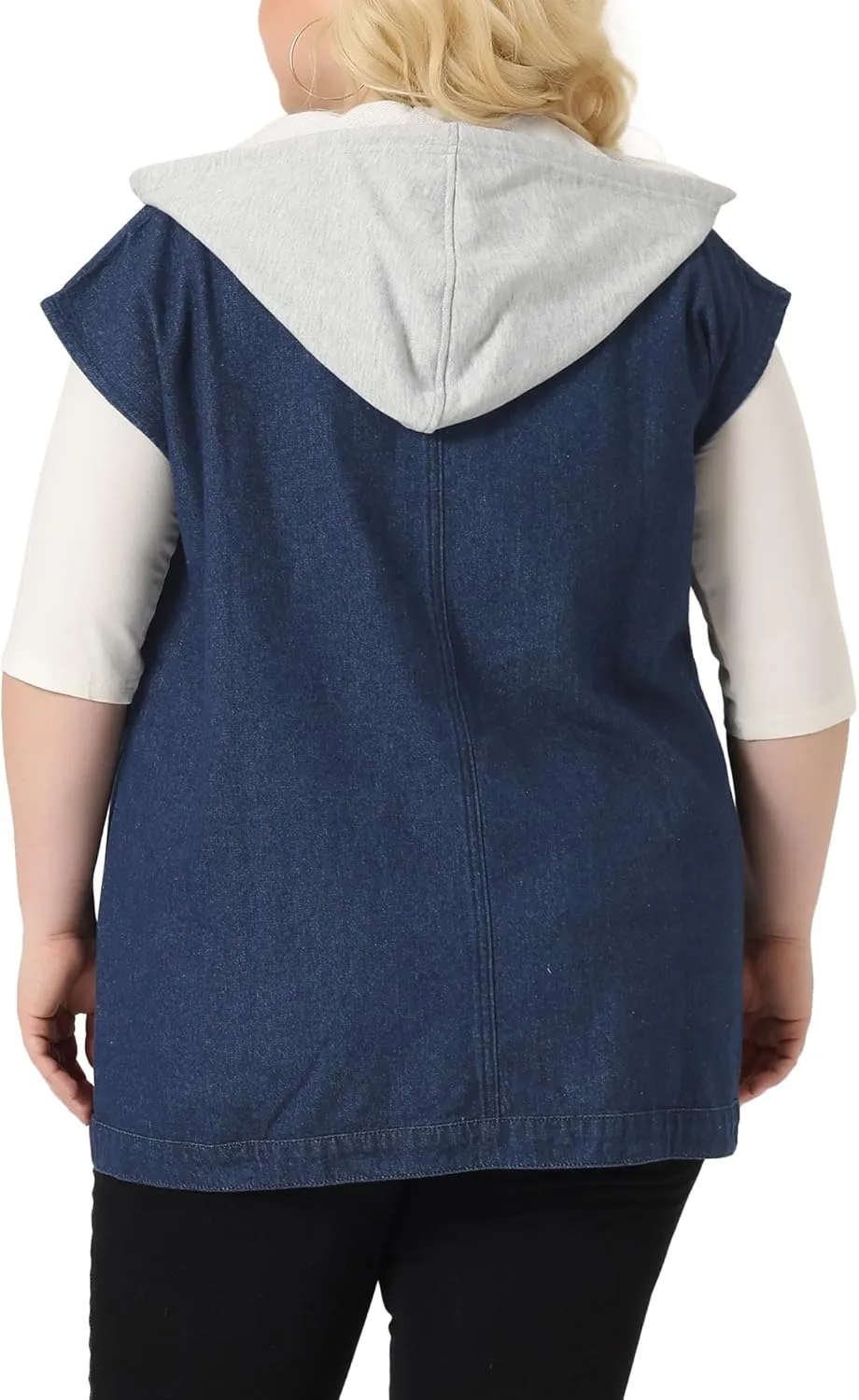 Agnes Orinda Plus Size Denim Jackets for Women Drawstring Hood Utility Long Jean Jacket Vests