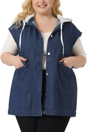 Agnes Orinda Plus Size Denim Jackets for Women Drawstring Hood Utility Long Jean Jacket Vests