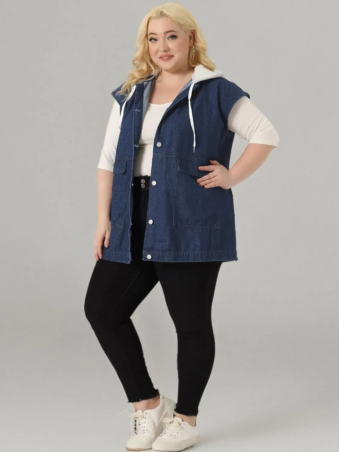 Agnes Orinda Plus Size Denim Jackets for Women Drawstring Hood Utility Long Jean Jacket Vests
