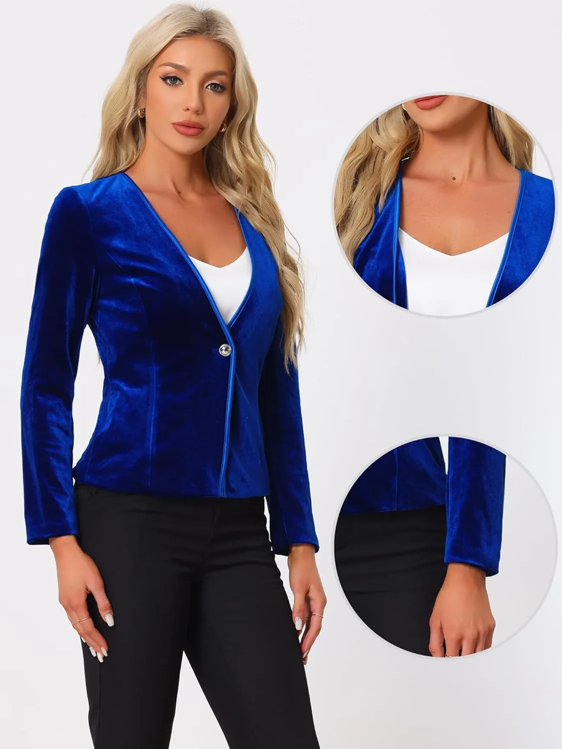 Allegra K Blazaer for Women's Long Sleeve Office Collarless 1 Button Velvet Blazer