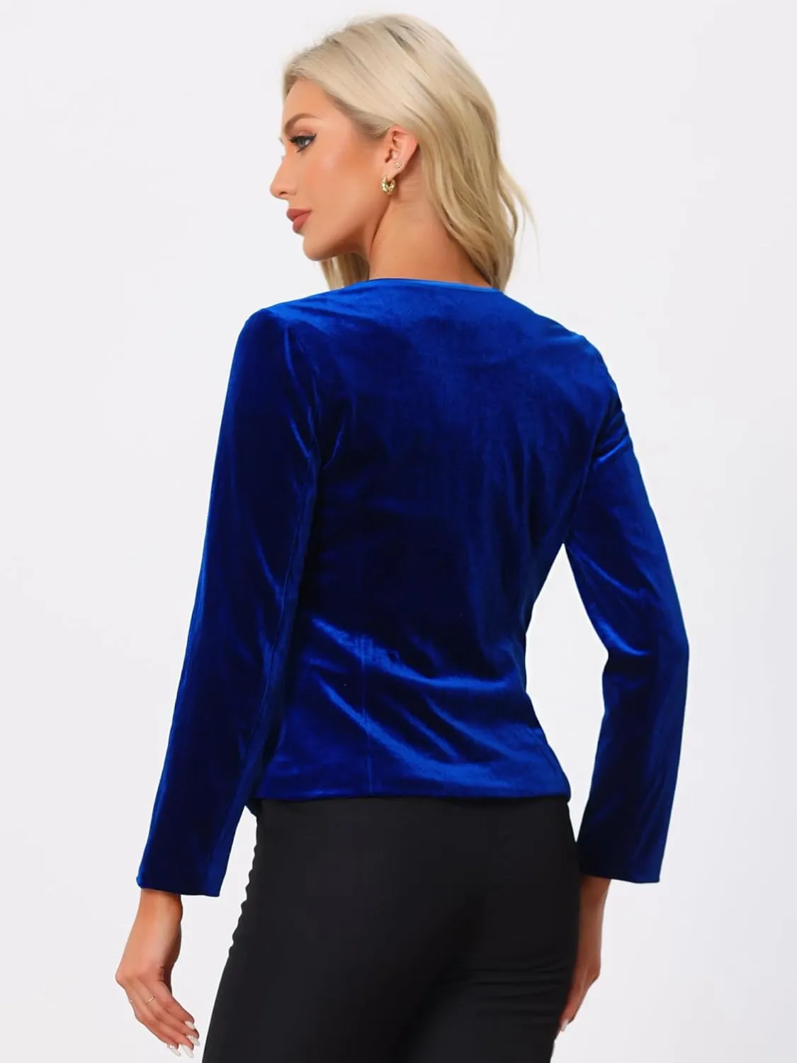 Allegra K Blazaer for Women's Long Sleeve Office Collarless 1 Button Velvet Blazer
