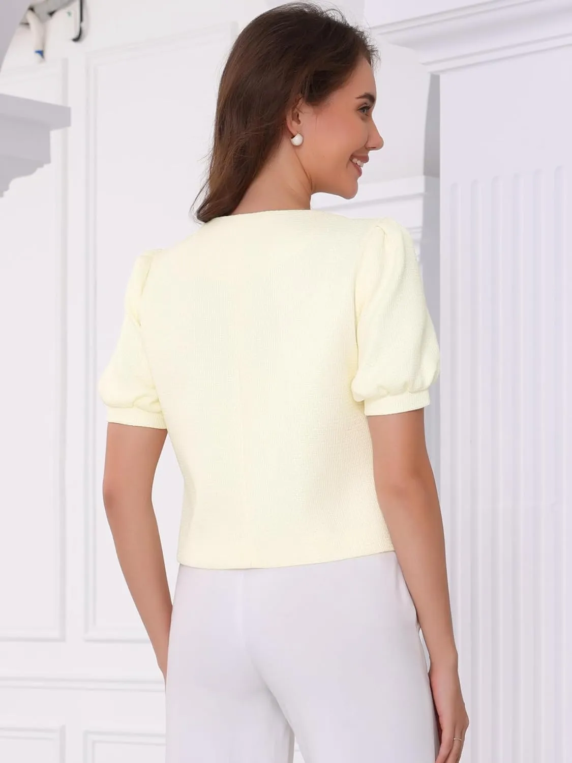 Allegra K Cropped Tweed Jacket for Women's Summer Puff Short Sleeve Crew Neck Office Work Blazer