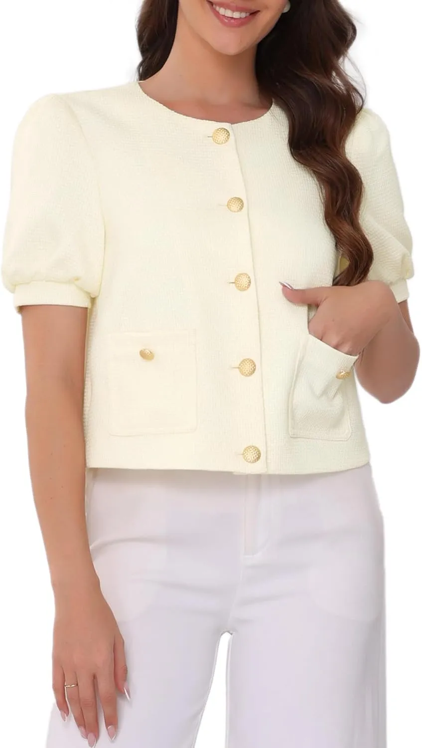 Allegra K Cropped Tweed Jacket for Women's Summer Puff Short Sleeve Crew Neck Office Work Blazer