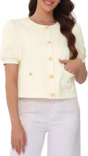 Allegra K Cropped Tweed Jacket for Women's Summer Puff Short Sleeve Crew Neck Office Work Blazer