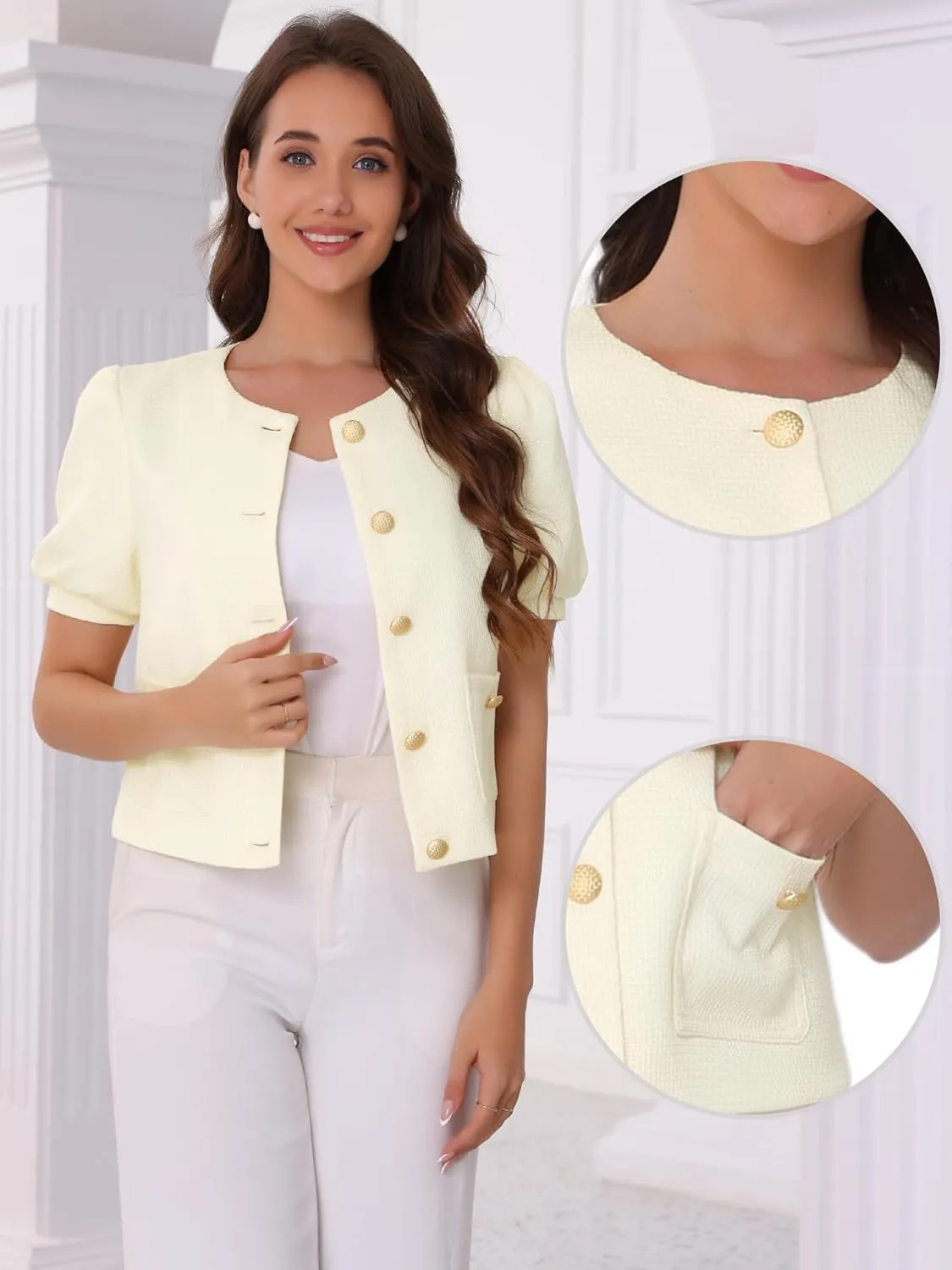Allegra K Cropped Tweed Jacket for Women's Summer Puff Short Sleeve Crew Neck Office Work Blazer