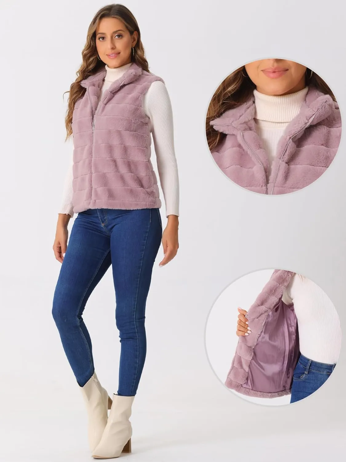 Allegra K Faux Fur Vest for Women's Zip-Up Sleeveless Fur Jacket