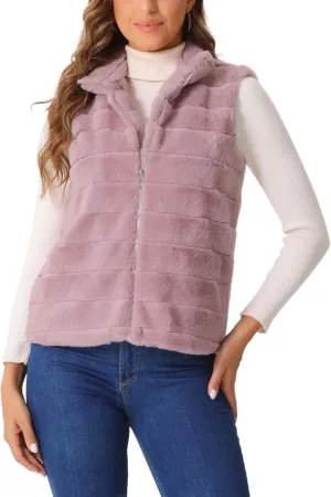 Allegra K Faux Fur Vest for Women's Zip-Up Sleeveless Fur Jacket