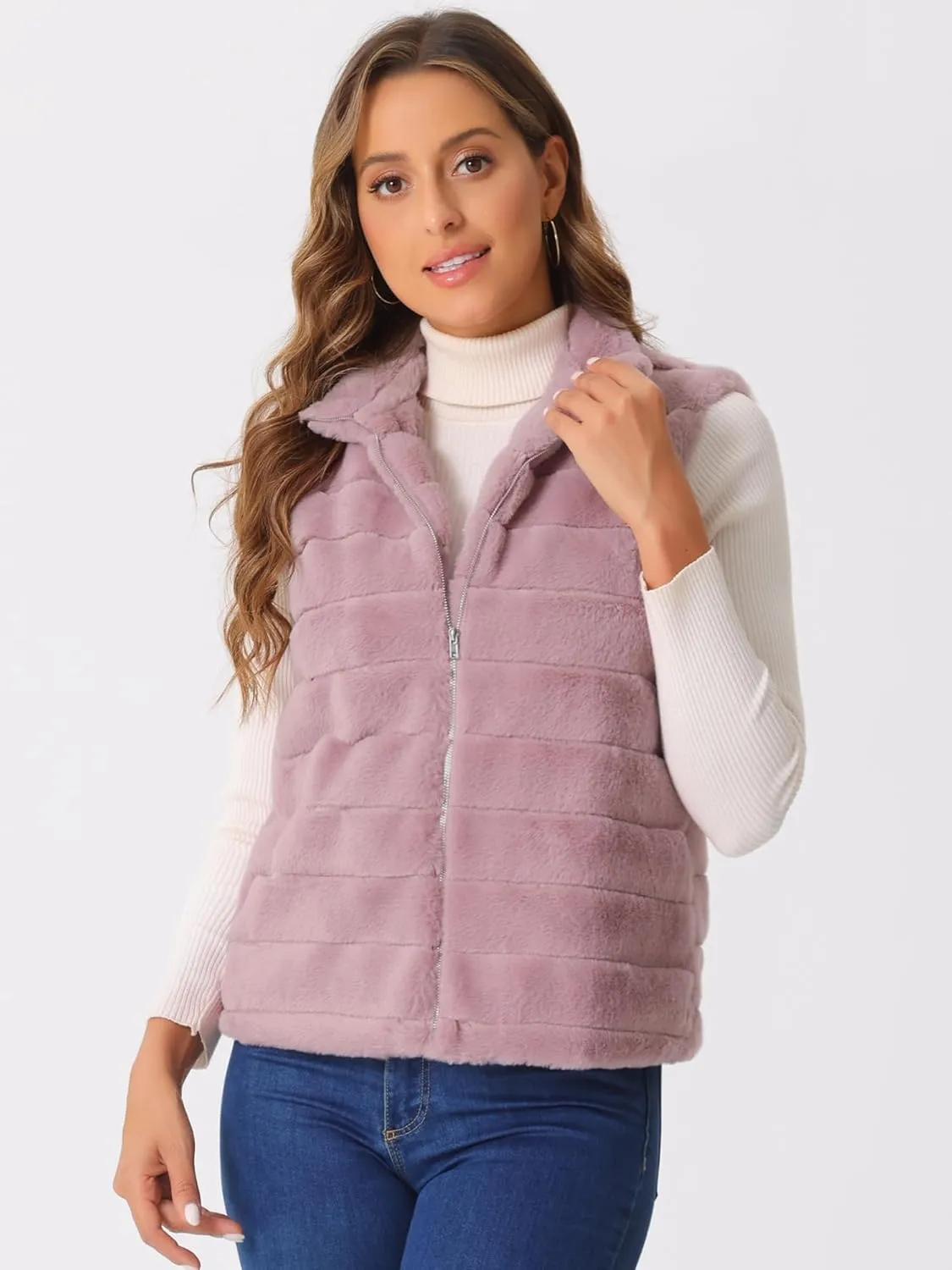 Allegra K Faux Fur Vest for Women's Zip-Up Sleeveless Fur Jacket
