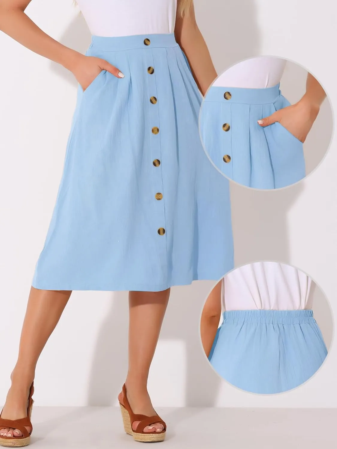 Allegra K Midi Skirts for Women Casual High Elastic Waist Button Pleated Linen A Line Skirts with Pockets