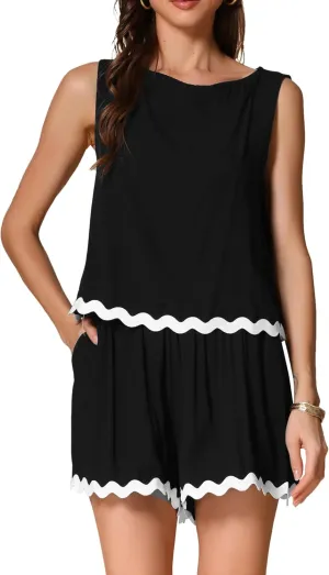 Allegra K Summer 2 Piece Outfits for Women's Contrast Trim Tank Top and Shorts Lounge Set
