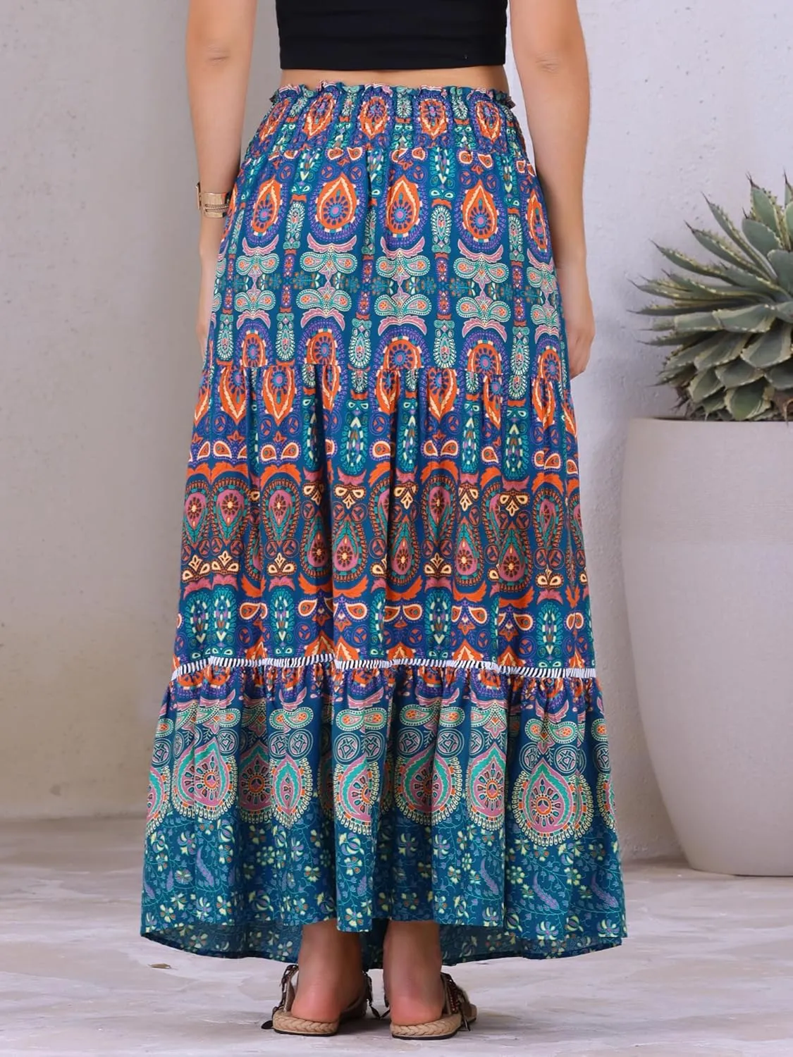Allegra K Women's Boho Floral Maxi Skirts Smocked High Waist A-Line Long Skirt