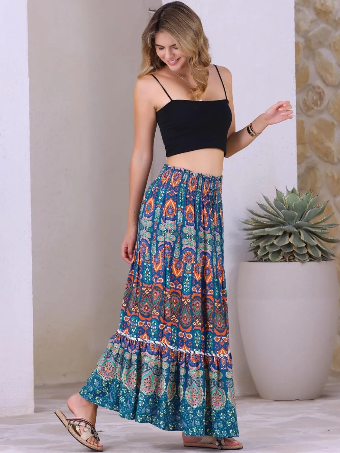 Allegra K Women's Boho Floral Maxi Skirts Smocked High Waist A-Line Long Skirt