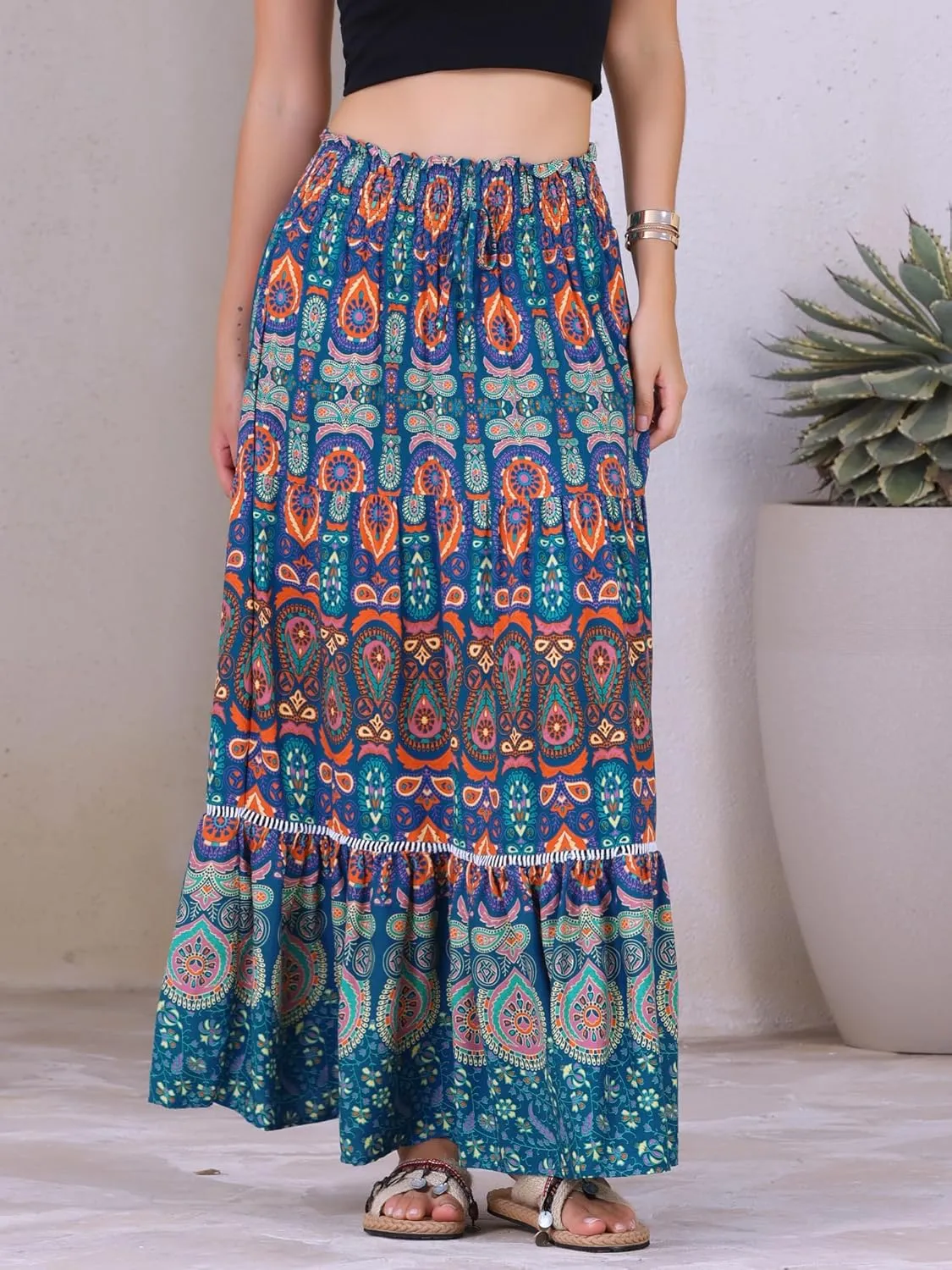 Allegra K Women's Boho Floral Maxi Skirts Smocked High Waist A-Line Long Skirt