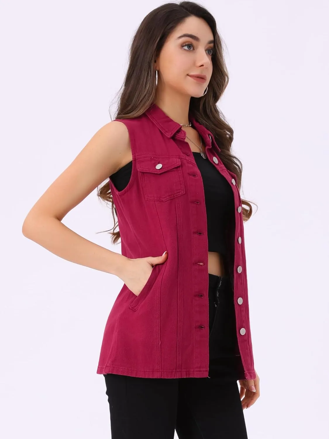 Allegra K Women's Denim Vest Sleeveless Button Down Waistcoat Casual Long Jean Vests