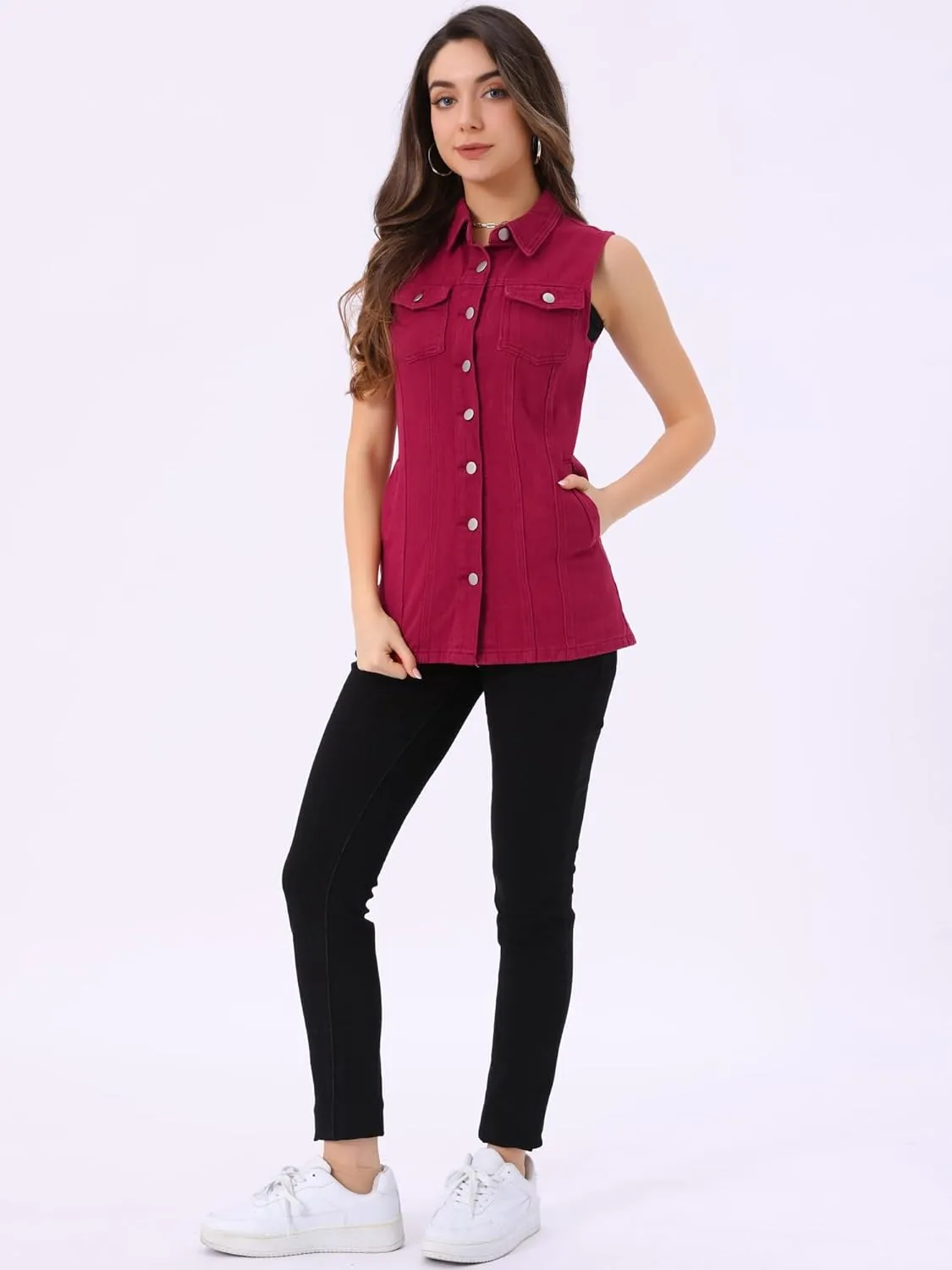 Allegra K Women's Denim Vest Sleeveless Button Down Waistcoat Casual Long Jean Vests