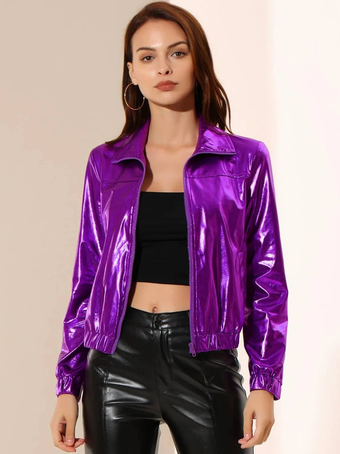 Allegra K Women's Holographic Shiny Party Christmas Long Sleeve Lightweight Zipper Metallic Jacket