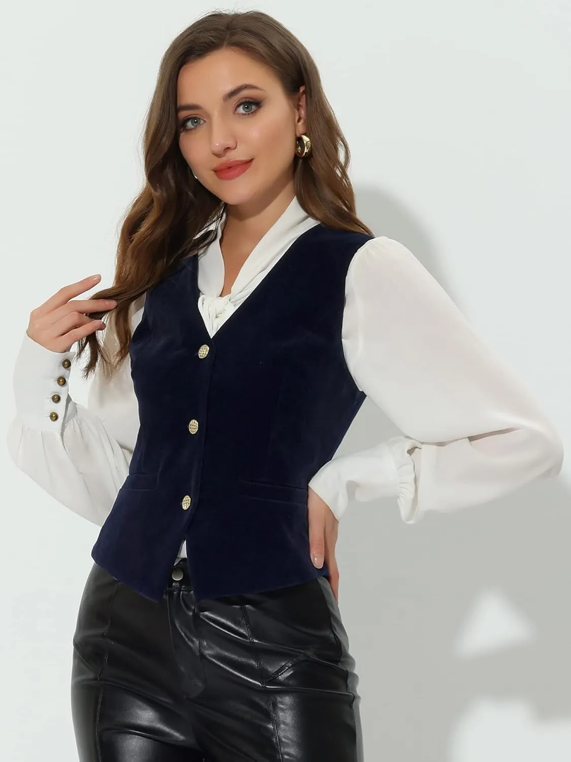 Allegra K Women's Waistcoat Steampunk Velvet Christmas Sleeveless Button Down V-Neck Suit Vests