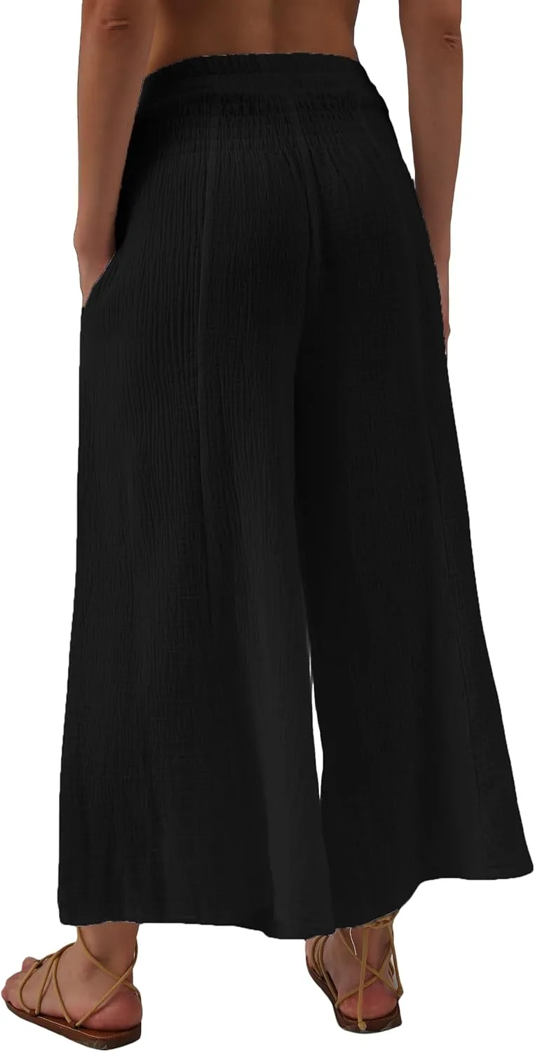 Amazhiyu Women's Cotton Gauze Wide Leg High-Waist Casual Palazzo Summer Pants