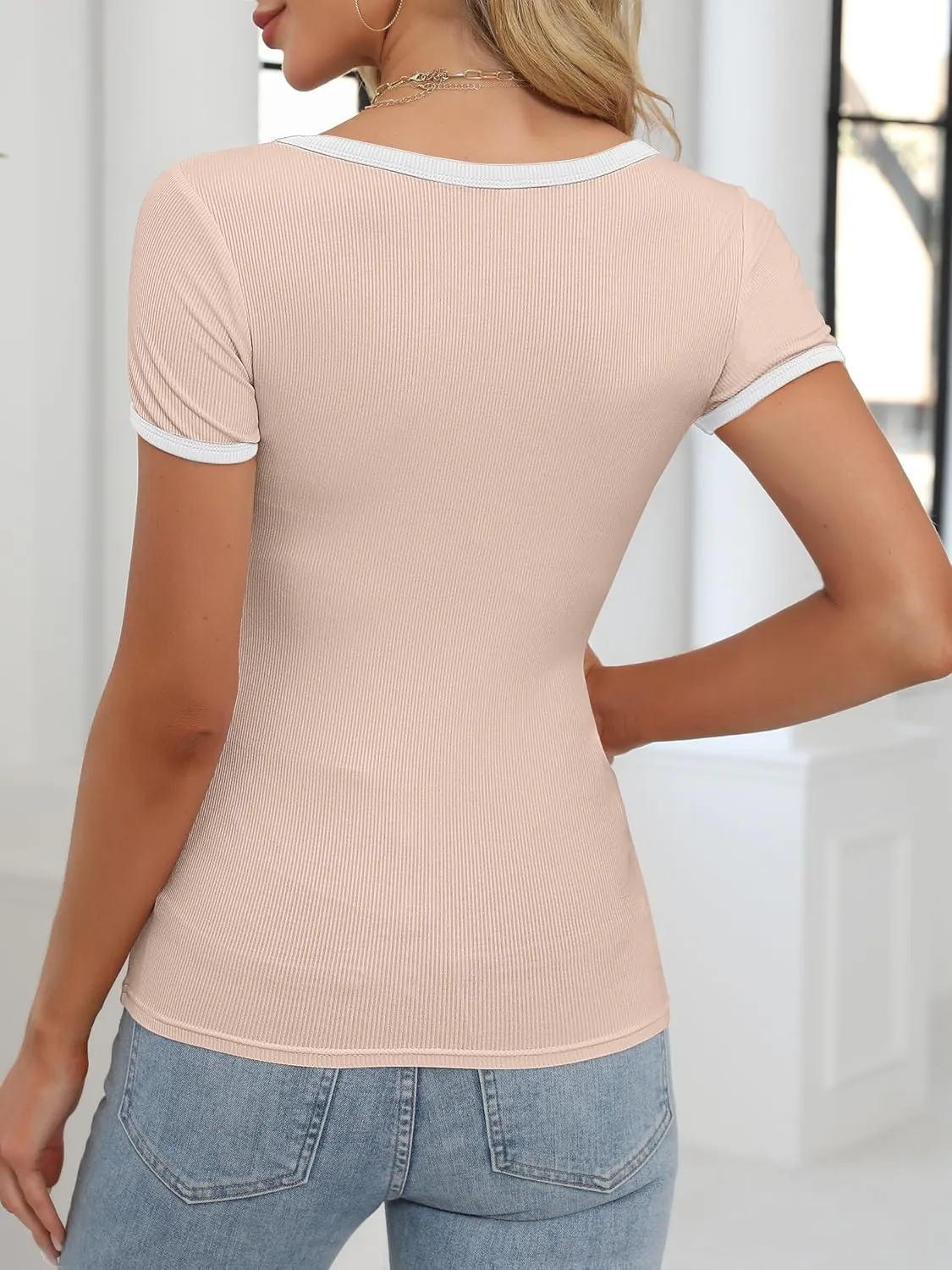 ANRABESS Women Short Sleeve Tops Square Neck Ribbed Knit Color Block T Shirts Fitted Casual Summer 2025 Trendy Basic Tees