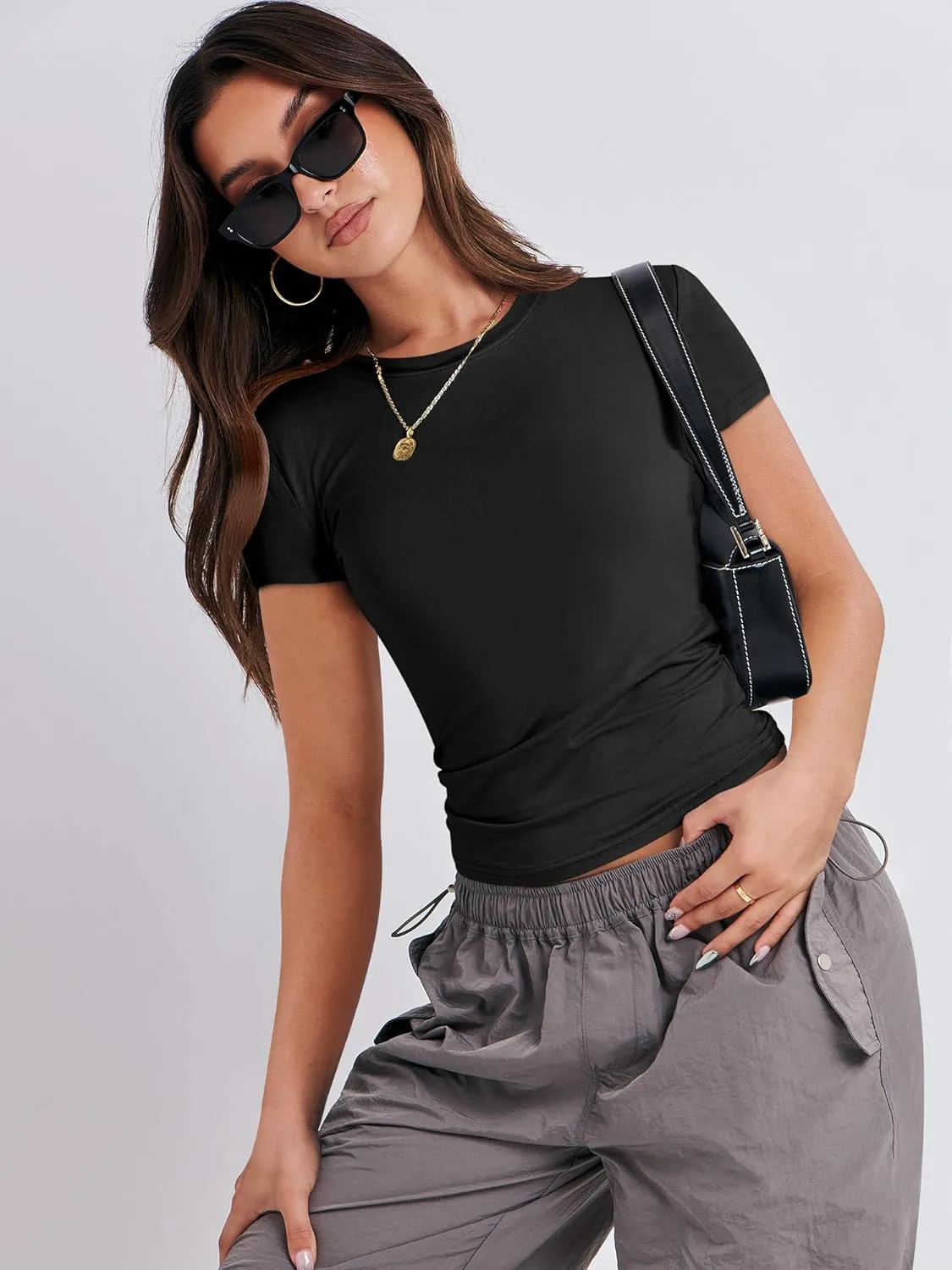 ANRABESS Womens Short Sleeve Summer T Shirts Crew Neck Slim Fit Basic Tees 2025 Crop Tops Y2k Clothes Outfits