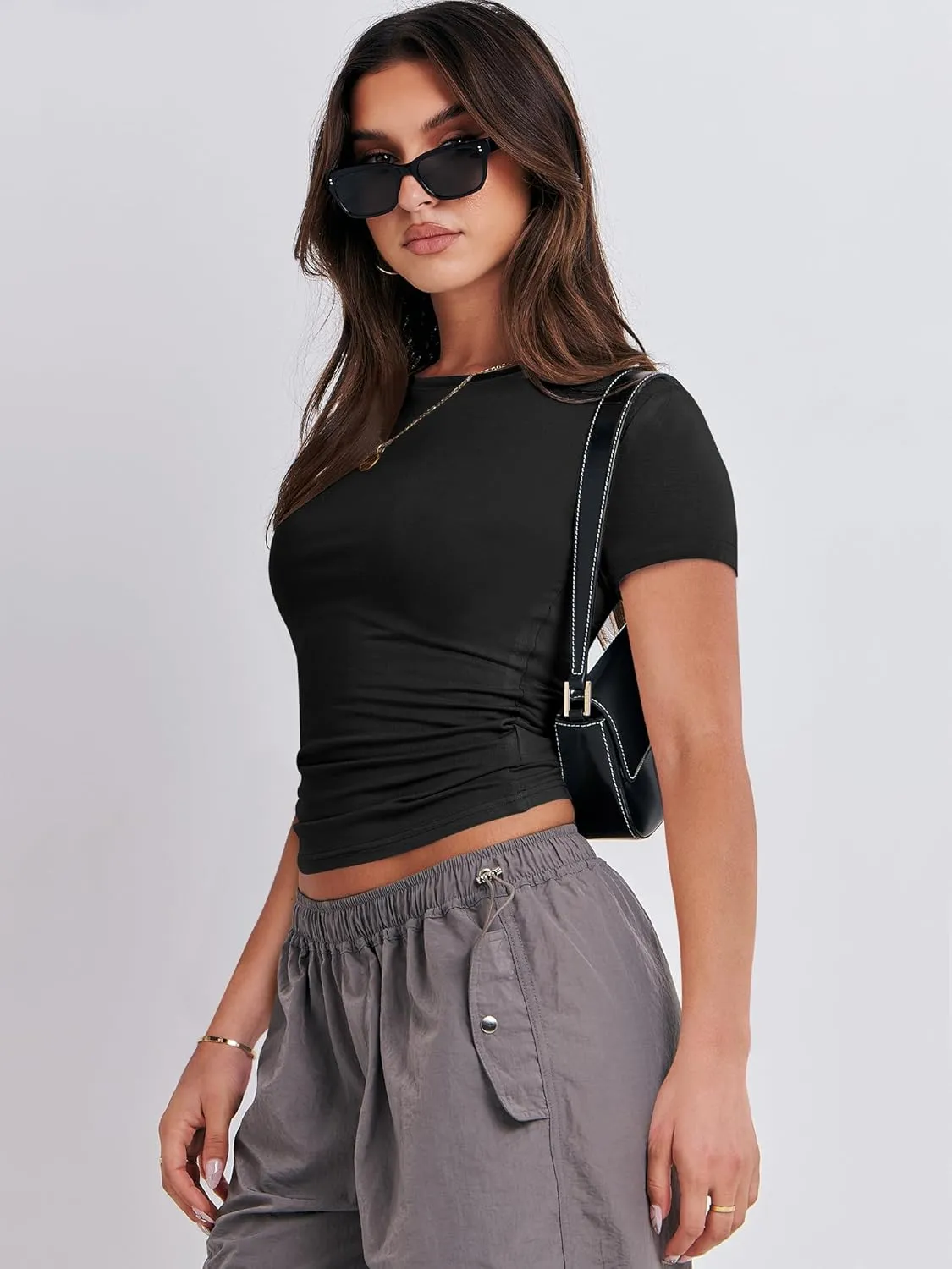 ANRABESS Womens Short Sleeve Summer T Shirts Crew Neck Slim Fit Basic Tees 2025 Crop Tops Y2k Clothes Outfits