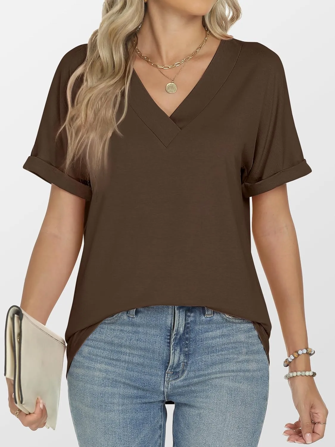 ANRABESS Womens T Shirts Short Sleeve V Neck Shirts Summer Loose Fit Dressy Tops Business Casual Blouses 2025 Basic Tees