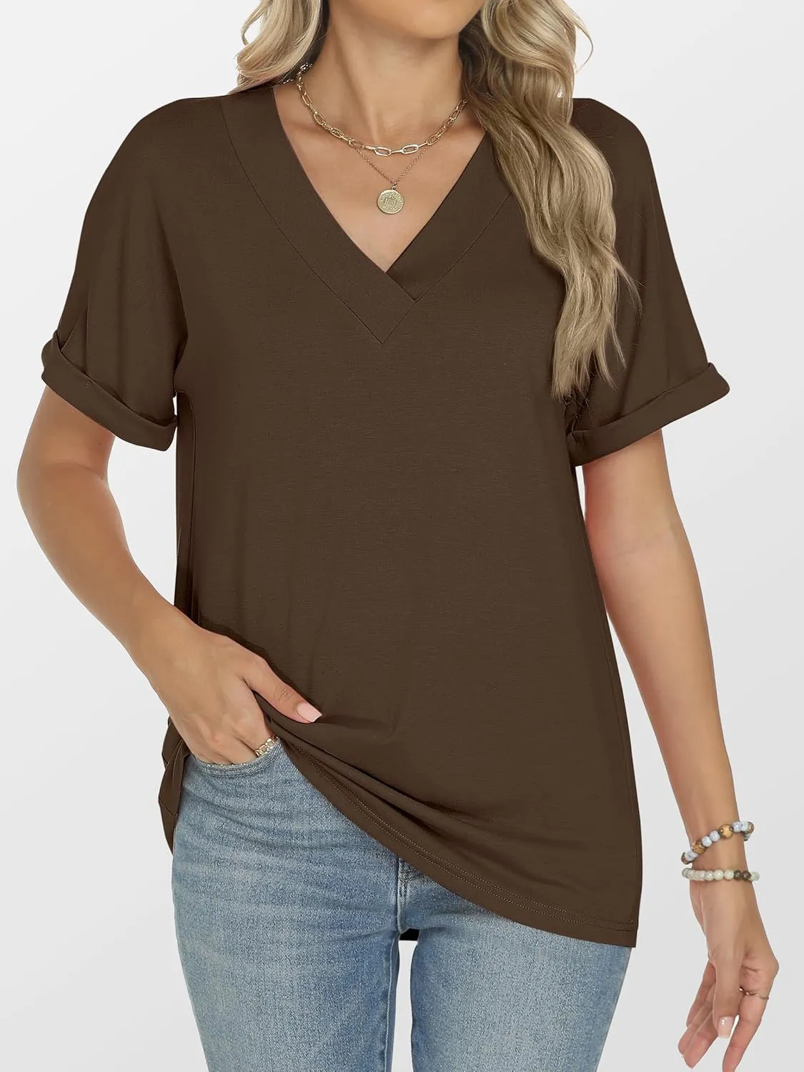 ANRABESS Womens T Shirts Short Sleeve V Neck Shirts Summer Loose Fit Dressy Tops Business Casual Blouses 2025 Basic Tees