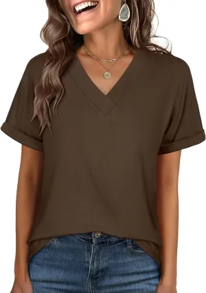 ANRABESS Womens T Shirts Short Sleeve V Neck Shirts Summer Loose Fit Dressy Tops Business Casual Blouses 2025 Basic Tees