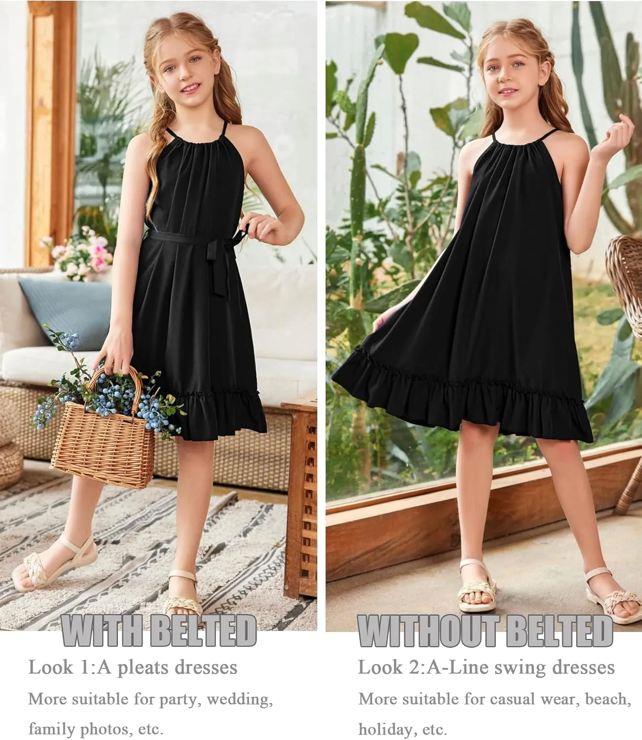 Arshiner Girls Summer Dress Halter Neck Sundress A-Line Swing Party Dresses