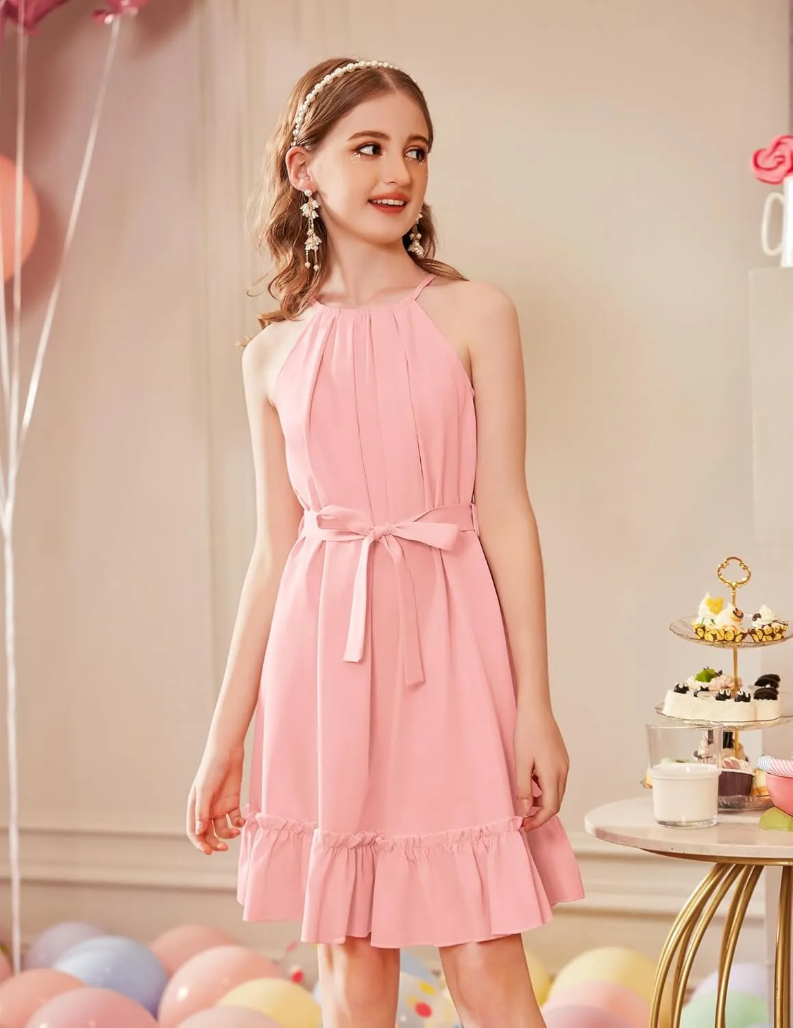 Arshiner Girls Summer Dress Halter Neck Sundress A-Line Swing Party Dresses