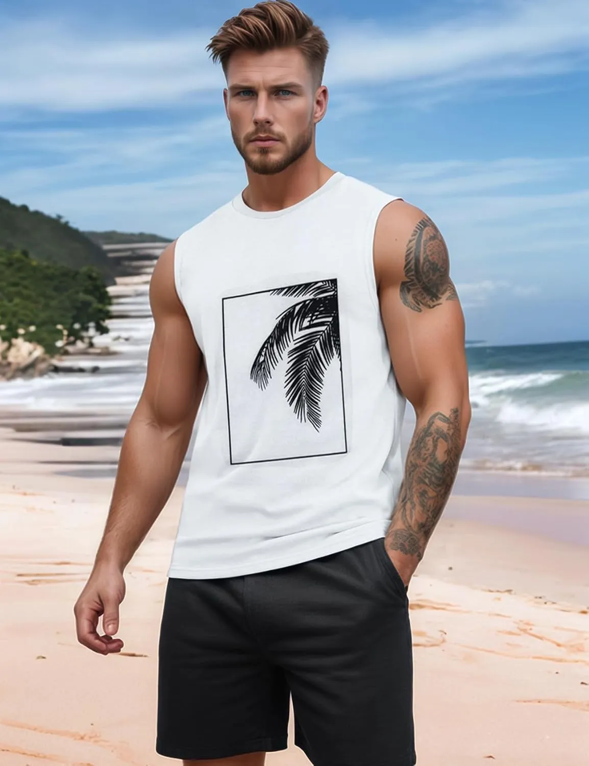Arssm Men Beach Tank Tops Summer Hawaiian Graphic Sleeveless Shirts Palm Tree Muscle Gym Tank Top