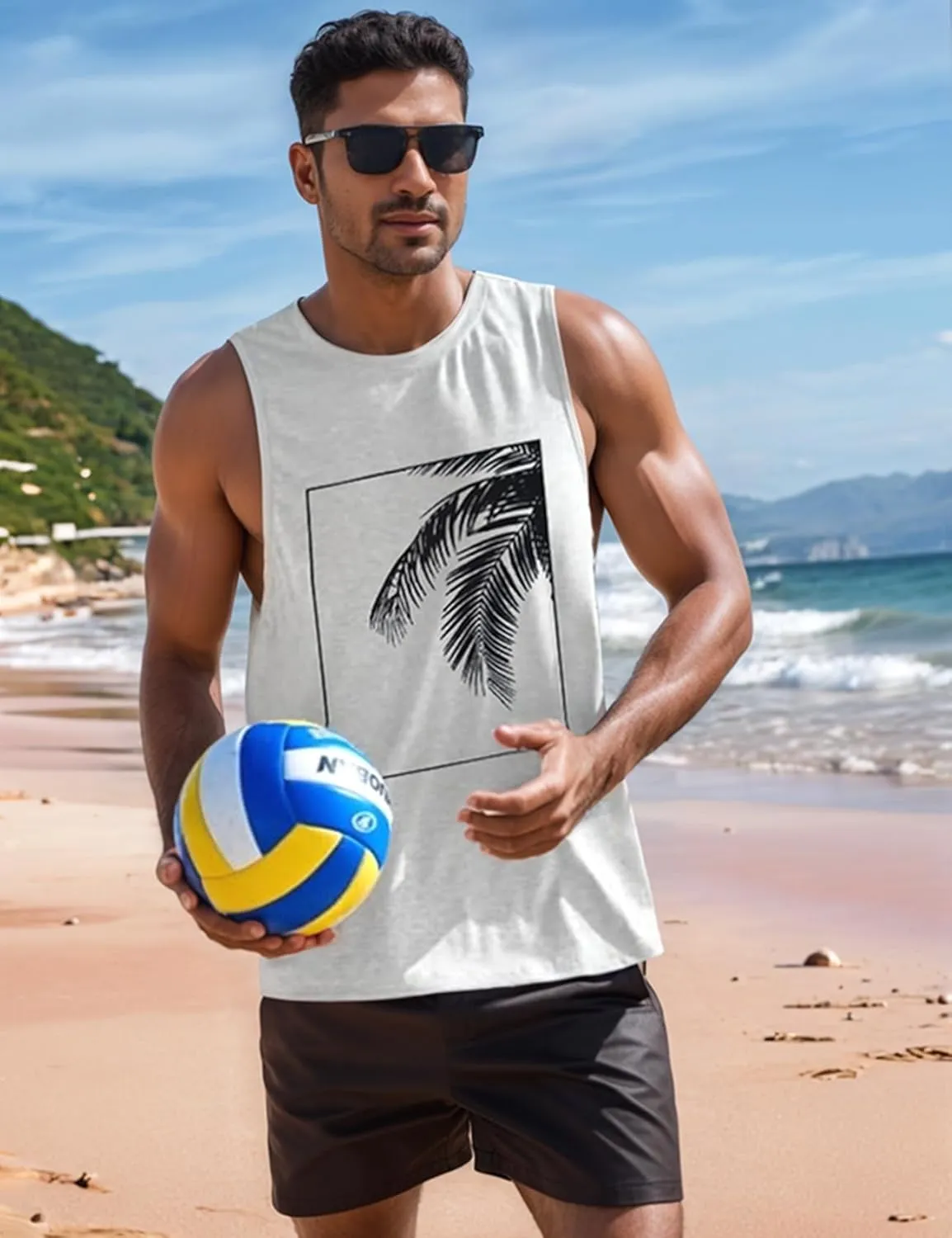 Arssm Men Beach Tank Tops Summer Hawaiian Graphic Sleeveless Shirts Palm Tree Muscle Gym Tank Top