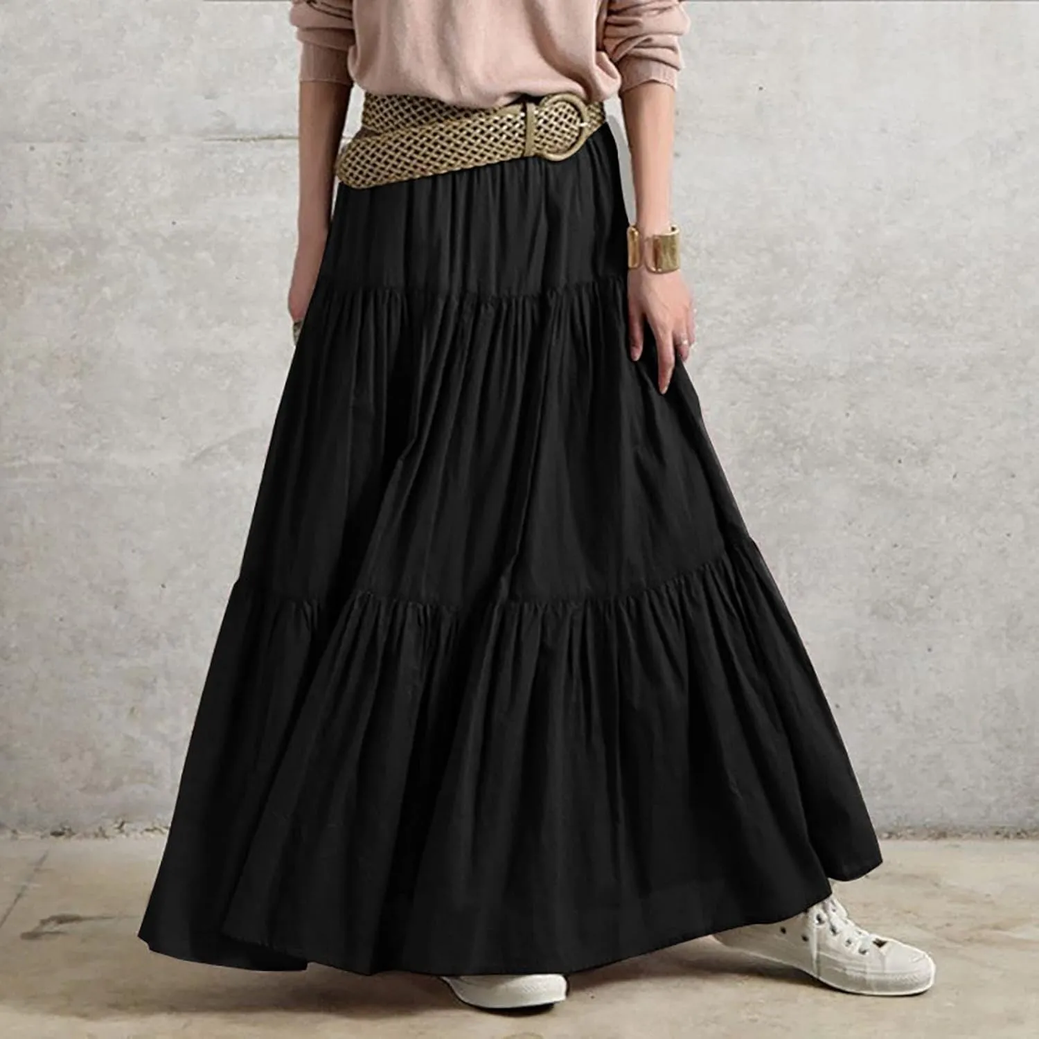 Athletic Skirts Women Lightweight Summer High Elastic Waisted Soft Pleated Trendy A-Line Long Skirts for Women