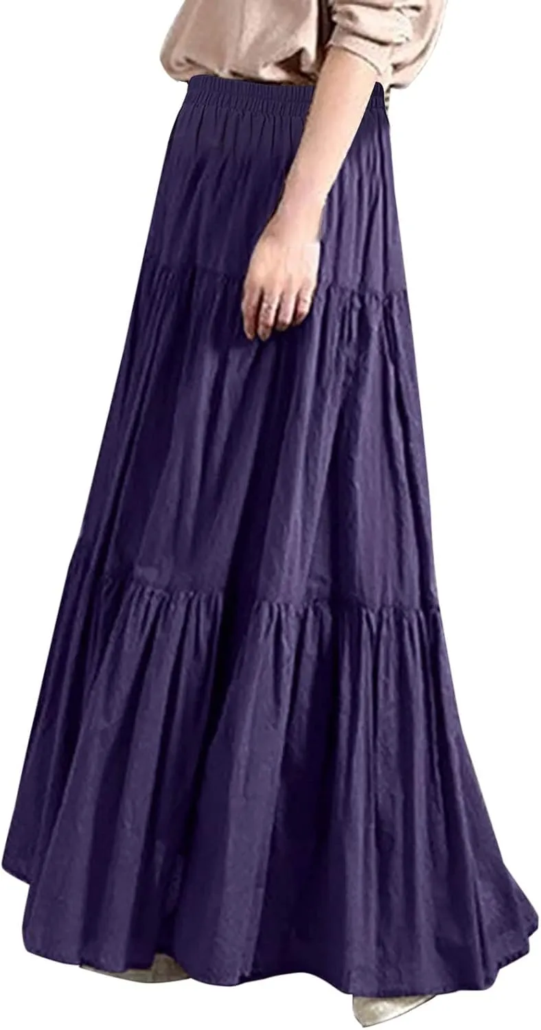 Athletic Skirts Women Lightweight Summer High Elastic Waisted Soft Pleated Trendy A-Line Long Skirts for Women