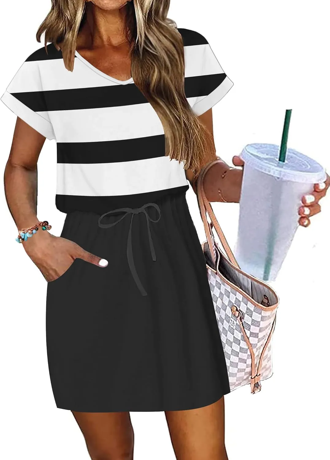AUSELILY Women's Summer Dress 2025 Short Sleeve Tshirt Drawstring Waist Beach Cover up Casual Mini Short Dresses