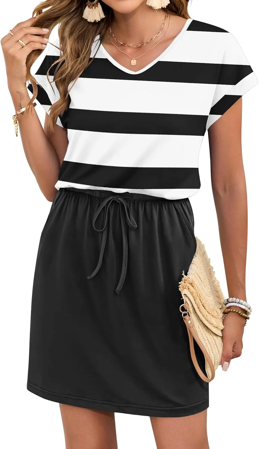 AUSELILY Women's Summer Dress 2025 Short Sleeve Tshirt Drawstring Waist Beach Cover up Casual Mini Short Dresses