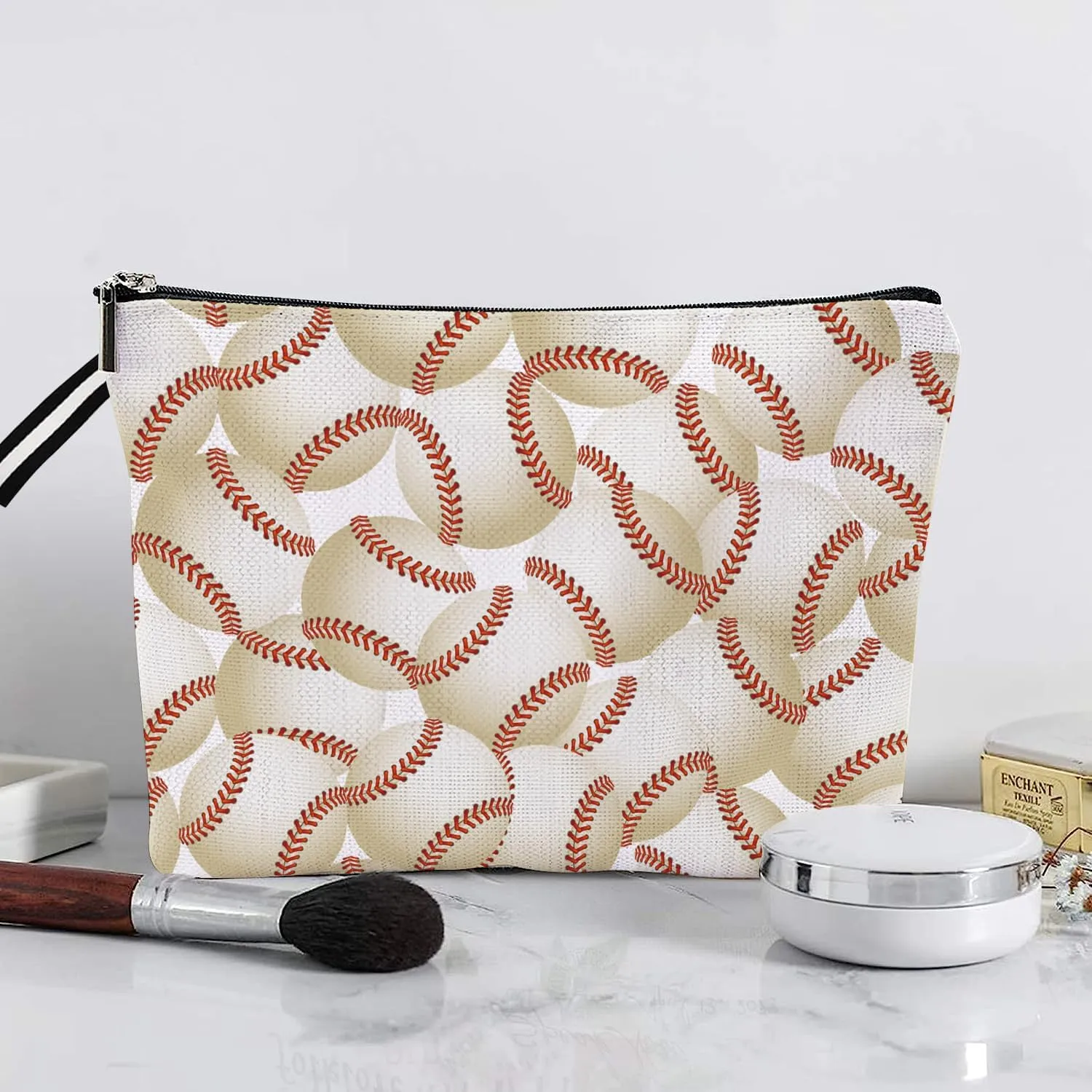 Baseball-Themed Portable Makeup Bag & Travel Cosmetic Organizer, Baseball Lover Gift for Women Girls- Cotton Linen, Water-Resistant, 9.8x7 Inches