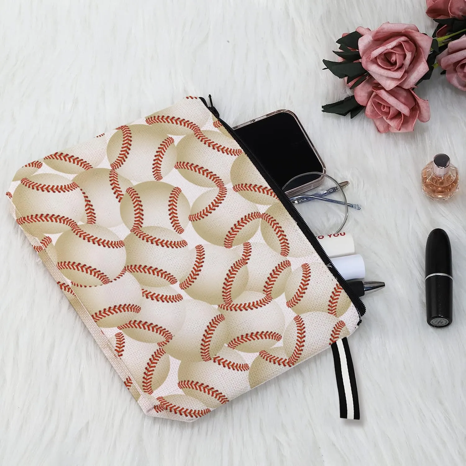 Baseball-Themed Portable Makeup Bag & Travel Cosmetic Organizer, Baseball Lover Gift for Women Girls- Cotton Linen, Water-Resistant, 9.8x7 Inches