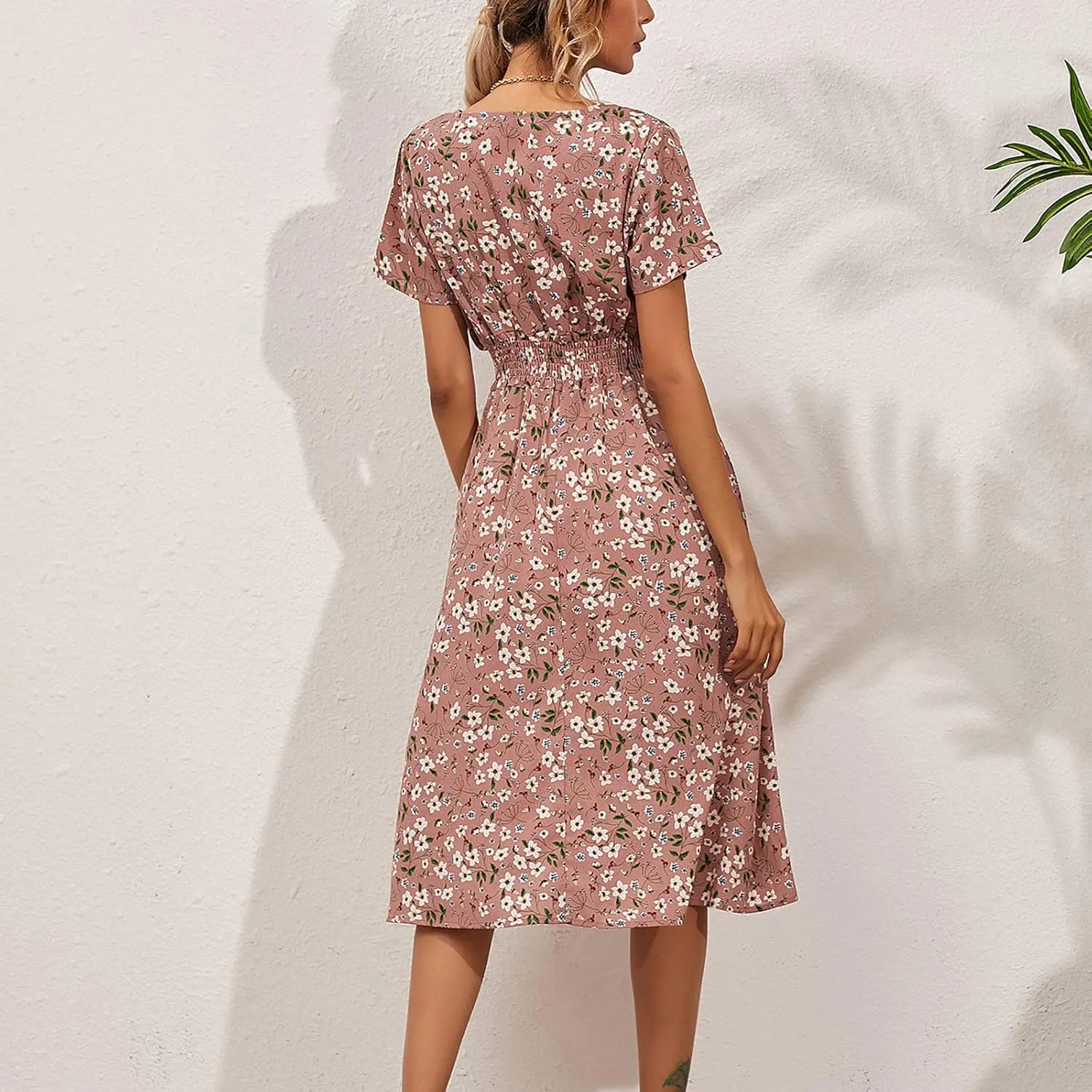Beach Dresses for Women,2024 Summer Trendy Floral Hawaiian Dress,Elegant V Neck Short Sleeve Flowy Boho Midi Dress