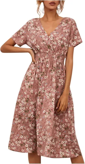 Beach Dresses for Women,2024 Summer Trendy Floral Hawaiian Dress,Elegant V Neck Short Sleeve Flowy Boho Midi Dress