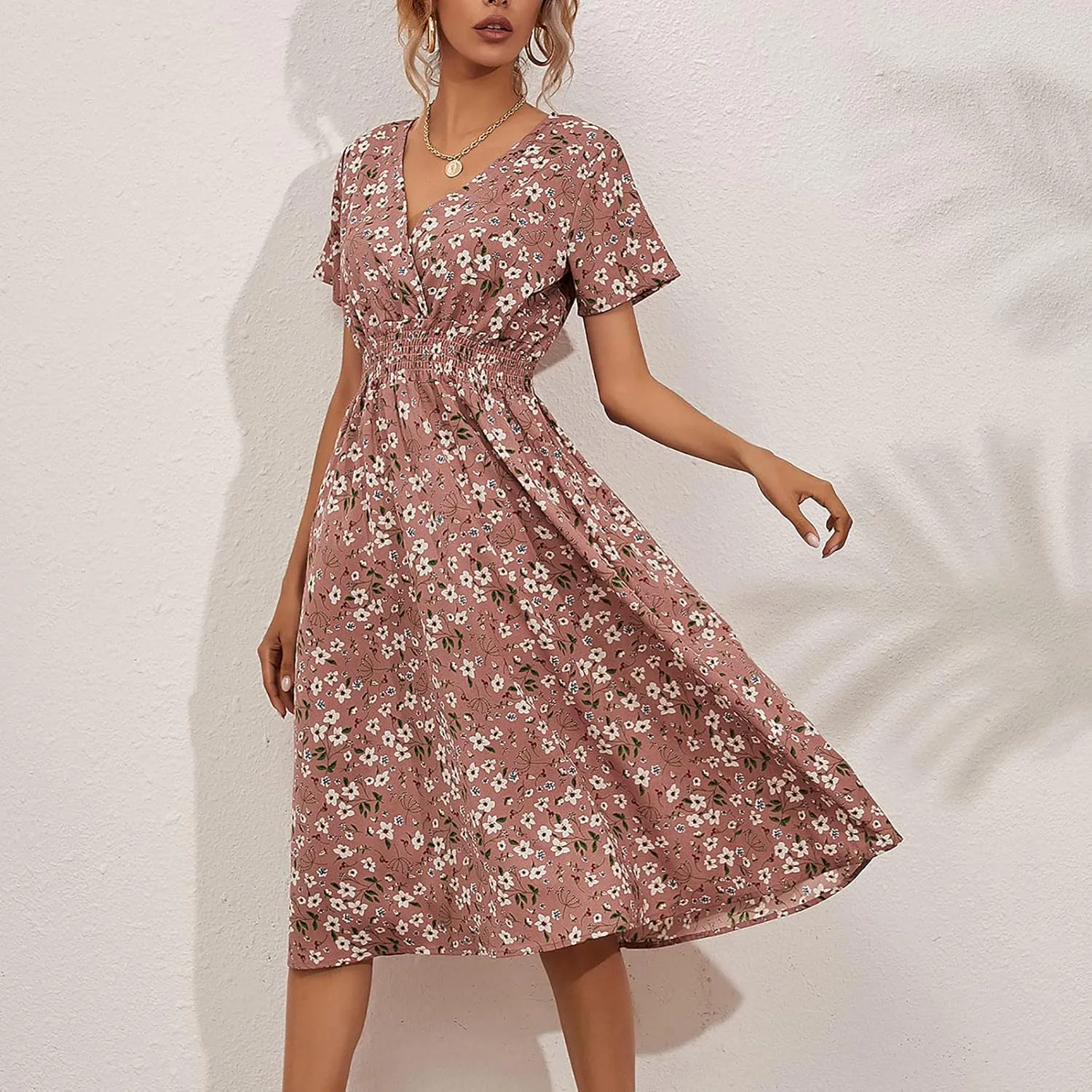 Beach Dresses for Women,2024 Summer Trendy Floral Hawaiian Dress,Elegant V Neck Short Sleeve Flowy Boho Midi Dress