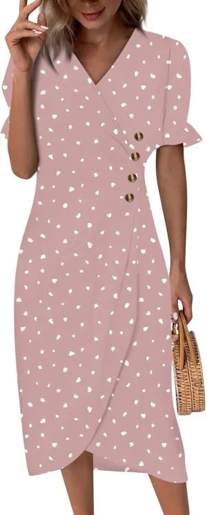 Beach Dresses for Women,2025 Spring Summer Trendy Floral Boho V Neck Short Sleeve Irregular Hem Midi Dress