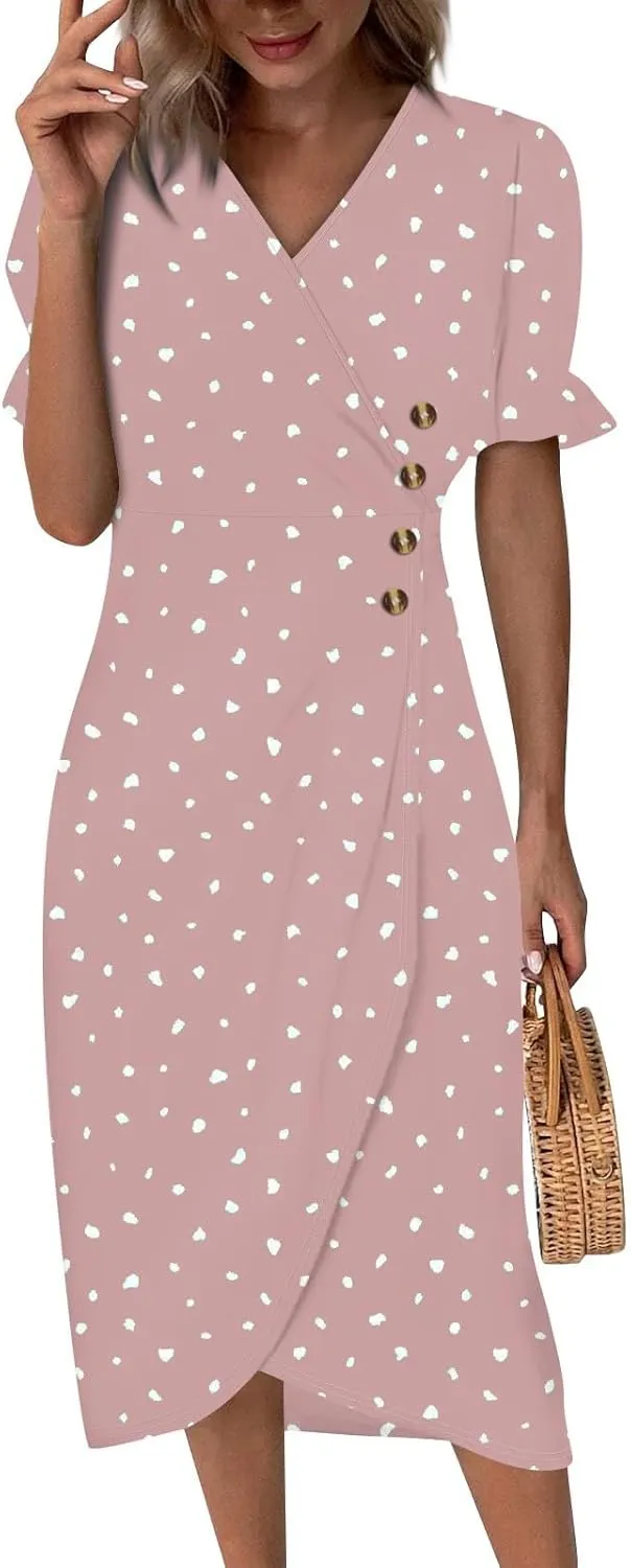 Beach Dresses for Women,2025 Spring Summer Trendy Floral Boho V Neck Short Sleeve Irregular Hem Midi Dress