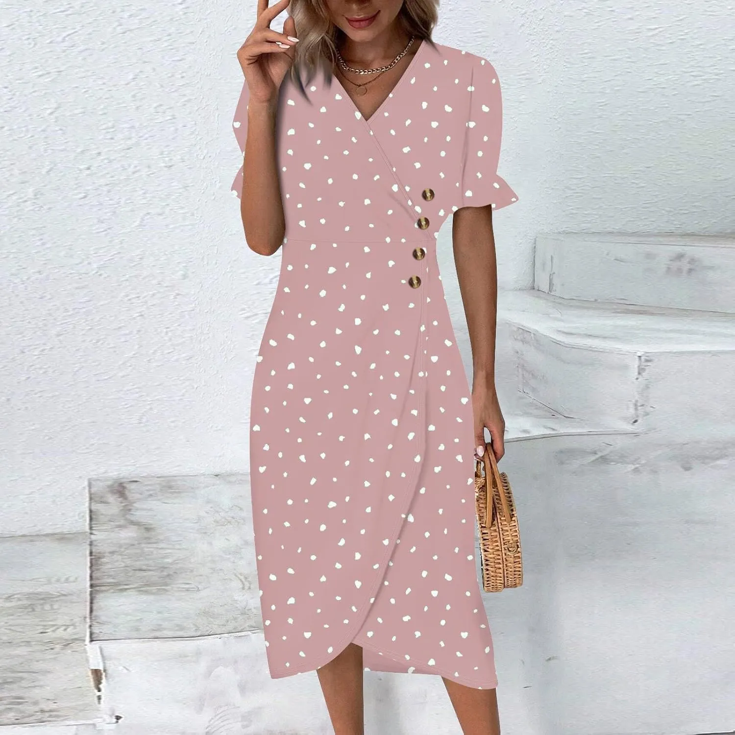 Beach Dresses for Women,2025 Spring Summer Trendy Floral Boho V Neck Short Sleeve Irregular Hem Midi Dress