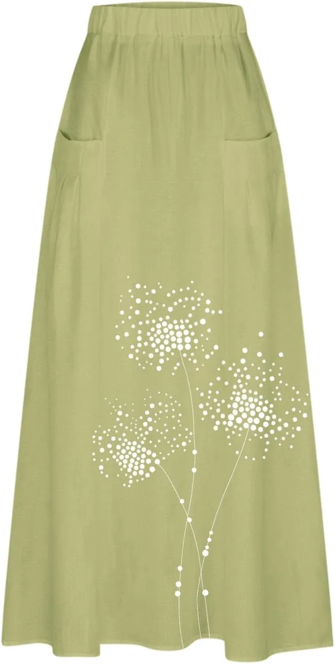Beach Skirts for Women Fashion Floral Graphic Printed Stretchy Waisted Pleated Skirt Oversized Boho Vacation Skirt