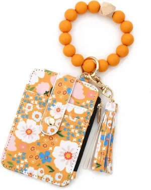 Boho Style Beaded Tassel Keychain Wallet, Womens Boho Beaded Wristlet, Keychain with Flower Pattern Wallet