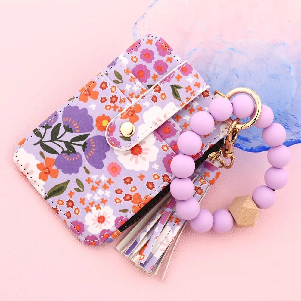 Boho Style Beaded Tassel Keychain Wallet, Womens Boho Beaded Wristlet, Keychain with Flower Pattern Wallet