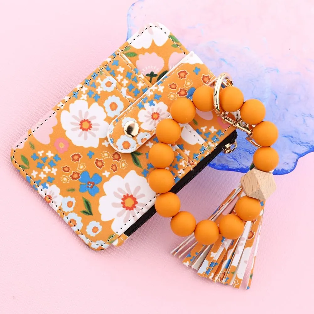Boho Style Beaded Tassel Keychain Wallet, Womens Boho Beaded Wristlet, Keychain with Flower Pattern Wallet