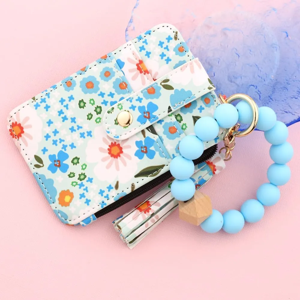 Boho Style Beaded Tassel Keychain Wallet, Womens Boho Beaded Wristlet, Keychain with Flower Pattern Wallet